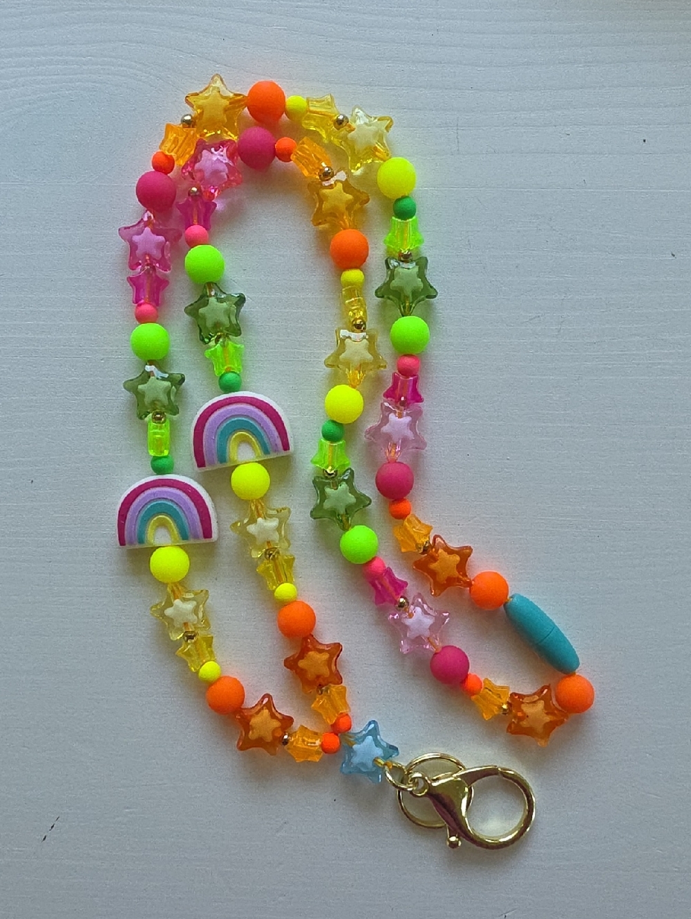 Beaded Rainbow & Star Charm Lanyard - Neon Multicolor